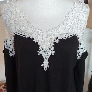 Black White Cold Shoulder Lace Embroider open sleeve Shirt  Women's Top S…